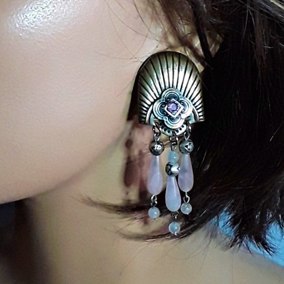 Deco Inspired Antique Brass & Silver w Natural Rose Quartz Dangle Post Earrings - Picture 4 of 5